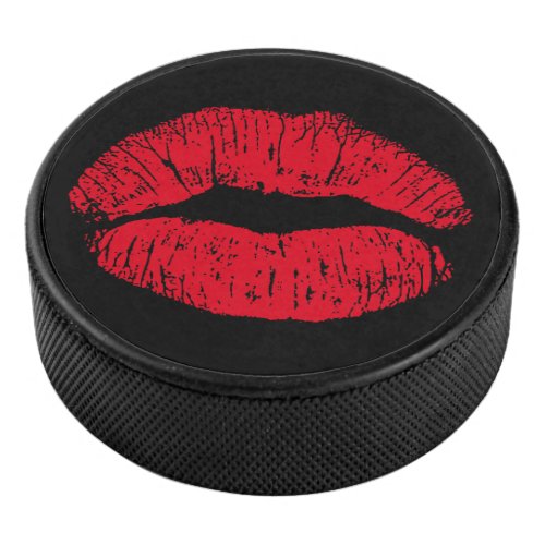 Red Kissing Lips on Black Hockey Puck