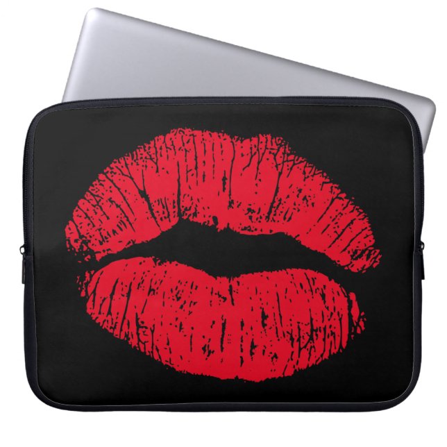 Red Kissing Lips on Black Laptop Sleeve (Front)