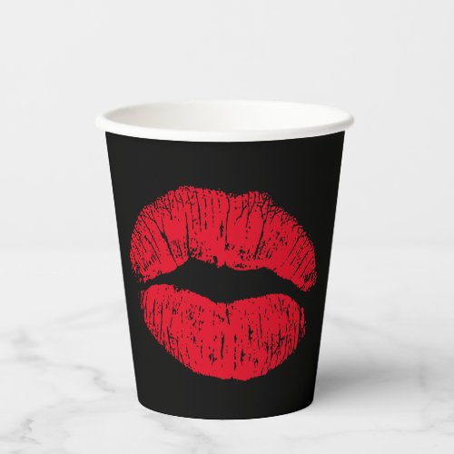 Red Kissing Lips on Black Paper Cups