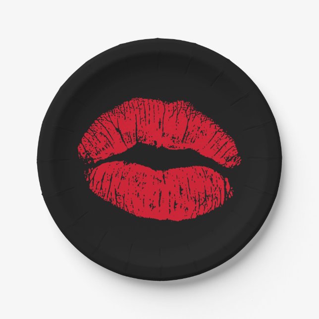 Red Kissing Lips on Black Paper Plates (Front)