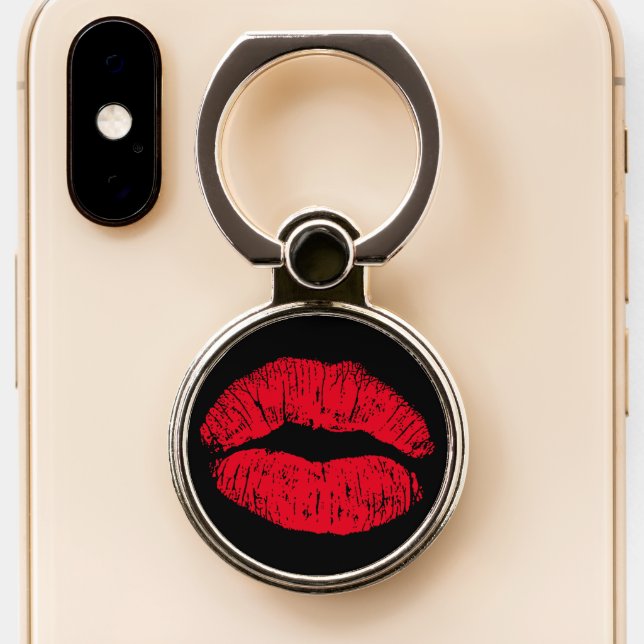 Red Kissing Lips on Black Phone Ring Stand (Close Up)