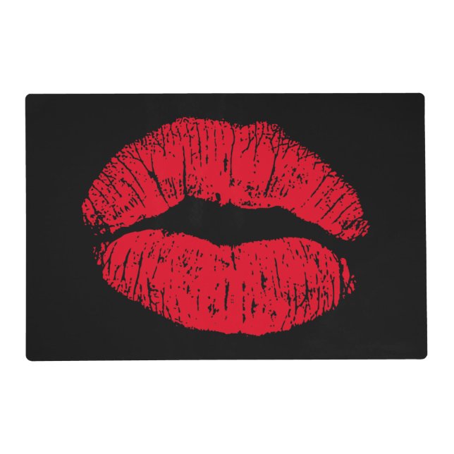 Red Kissing Lips on Black Placemat (Front)