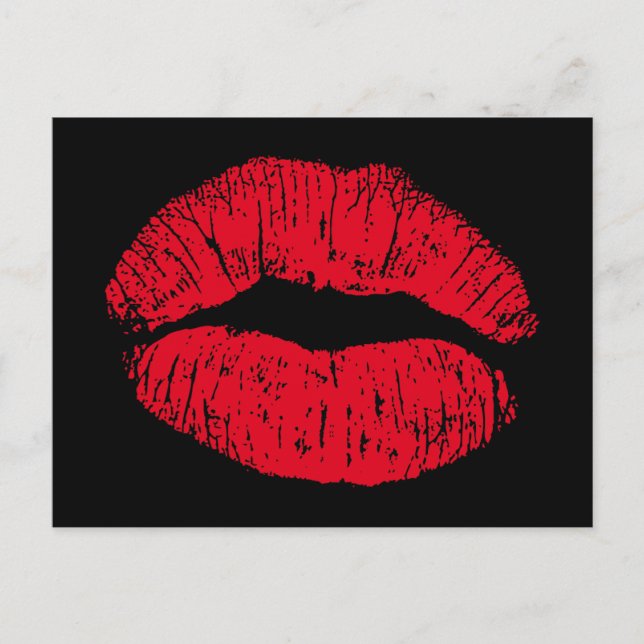 Red Kissing Lips on Black Postcard (Front)