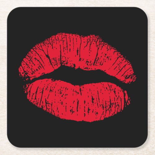 Red Kissing Lips on Black Square Paper Coaster