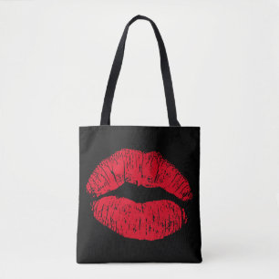 Red Kissing Lips on Black Tote Bag
