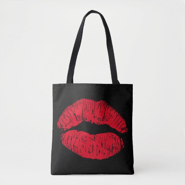 Red Kissing Lips on Black Tote Bag (Front)