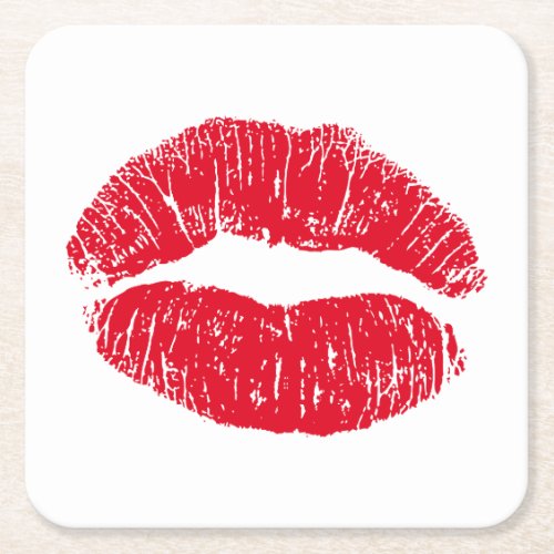 Red Kissing Lips Square Paper Coaster