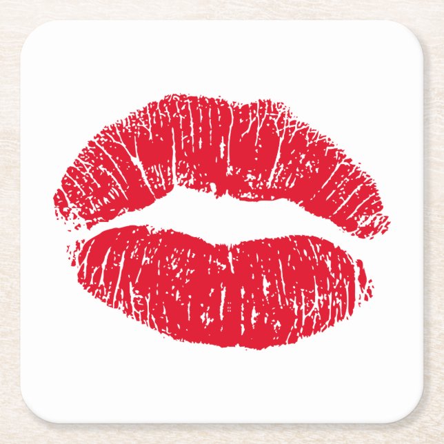 Red Kissing Lips Square Paper Coaster (Front)