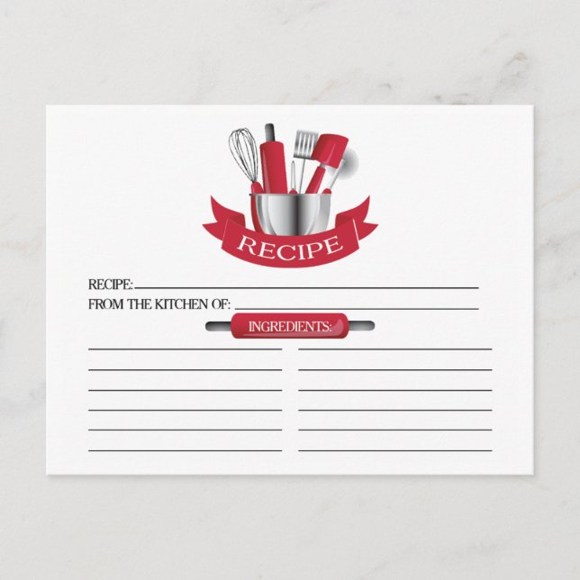 Red Kitchen Tools Bridal Shower Recipe Cards (Front)
