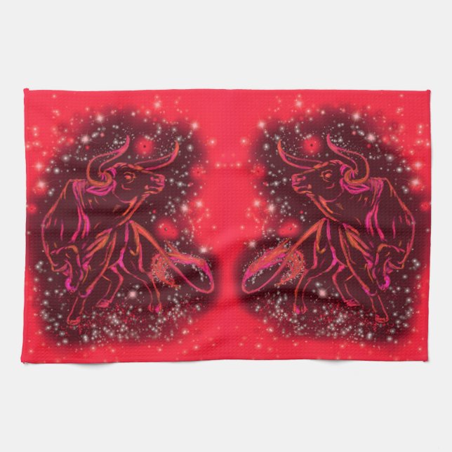 Red Kitchen Towel Bulls Running At Starry Night (Horizontal)