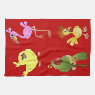 Red Kitchen Towel With Animals Pink Flamingo Chick