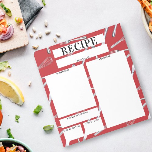 Red Kitchen Utensils Blank Sheet Culinary Recipe Notepad
