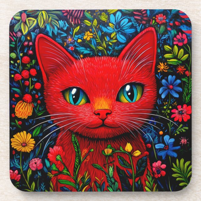 Red Kitty Beverage Coaster (Front)