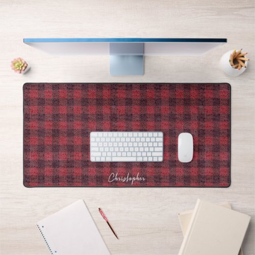 Red Knit Buffalo Plaid Custom Name Desk Mat