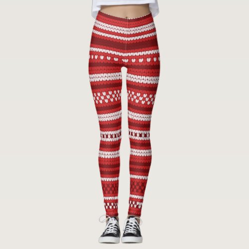 Red Knitted Fair_isle Sweater Knit Look Holiday Leggings