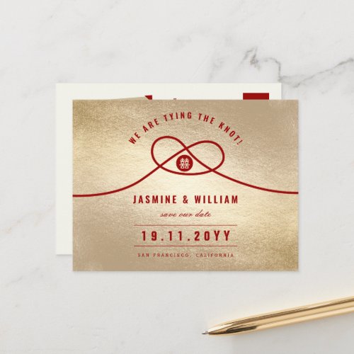 Red Knot Double Happiness Chinese Save The Date Announcement Postcard