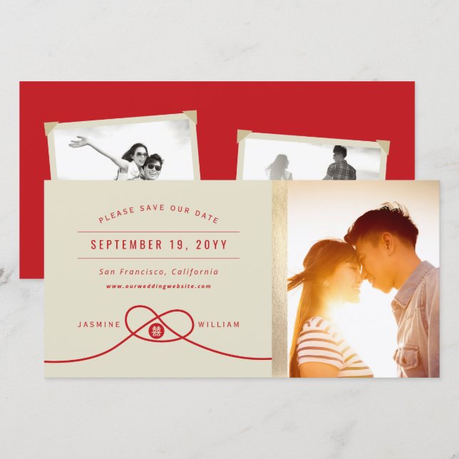 Red Knot Double Happiness Chinese Wedding Photo Save The Date (Front/Back)