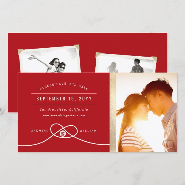 Red Knot Double Happiness Chinese Wedding Photo Save The Date (Front/Back)