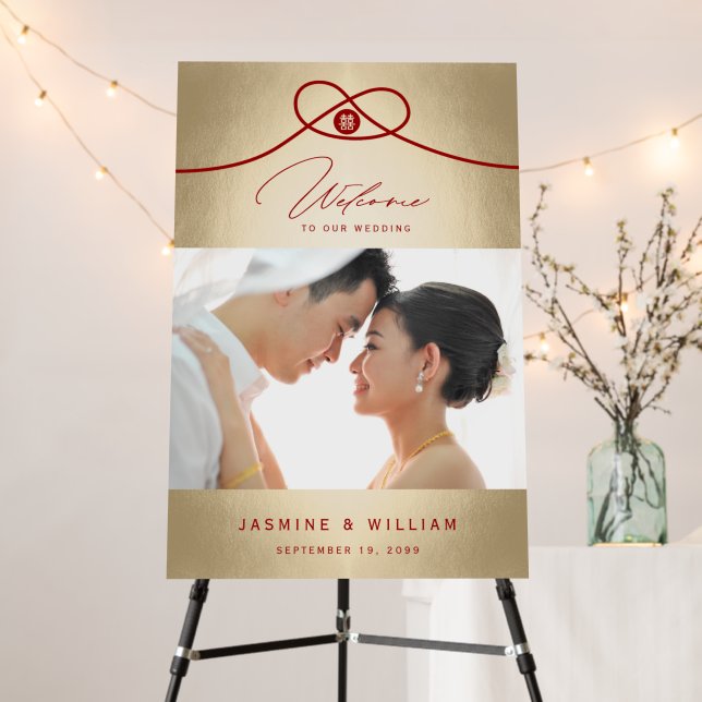 Red Knot Double Happiness Photo Chinese Wedding Foam Board (In Situ (Stand))