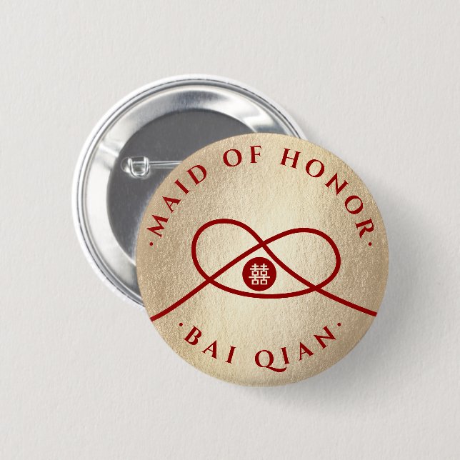 Red Knot Double Happiness Team Bride Chic Wedding Button (Front & Back)