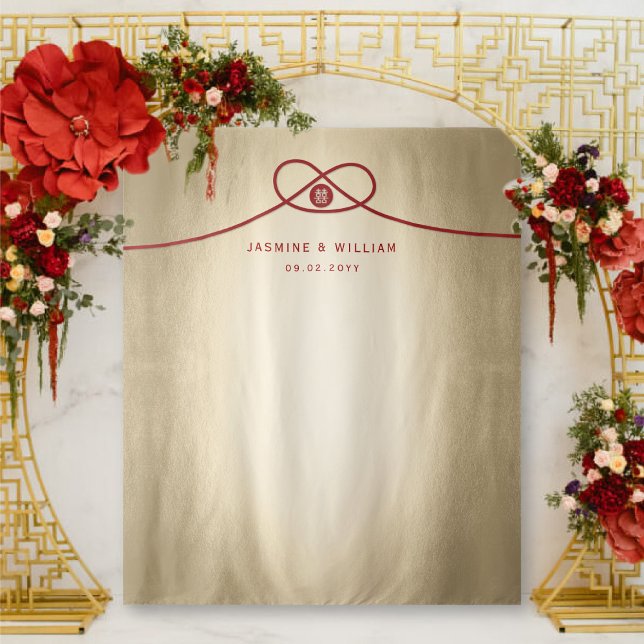 Red Knot Double Happiness Wedding Photo Backdrop (Red Knot on Gold Double Happiness Chinese Wedding Photo Backdrop Tapestry @ fatfatin_red_knot)