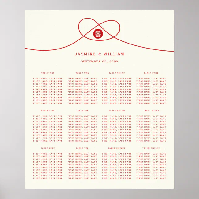 Red Knot Double Happiness Wedding Seating Chart Zazzle