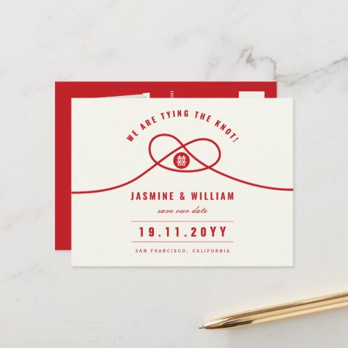 Red Knot Double Xi Chinese Wedding Save The Date Announcement Postcard