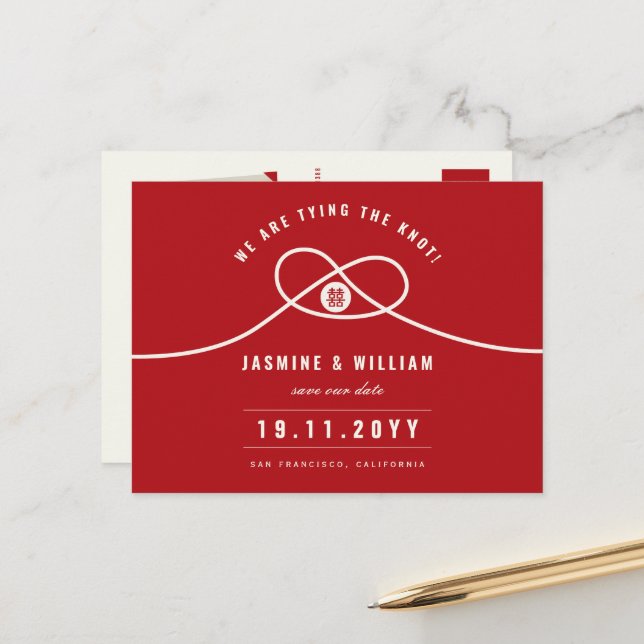 Red Knot Double Xi Chinese Wedding Save The Date Announcement Postcard (Front/Back In Situ)