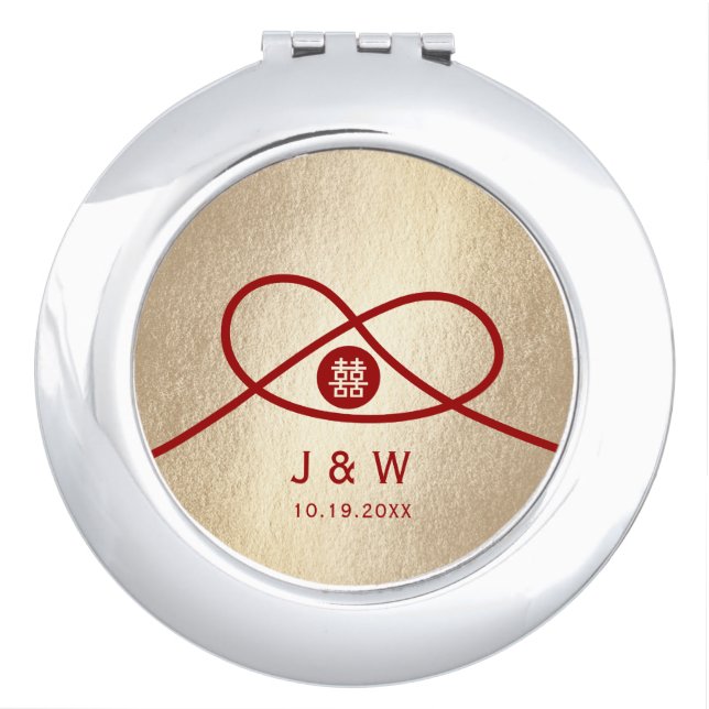 Red Knot Union Double Happiness Chinese Wedding Compact Mirror (Front)