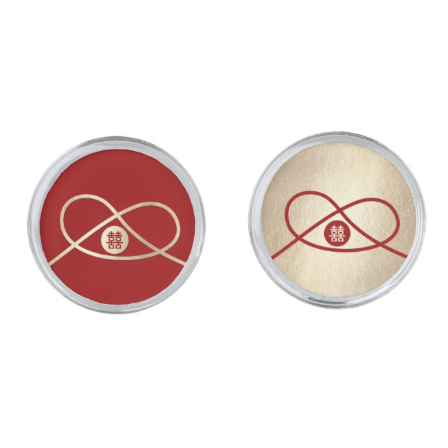Red Knot Union Double Happiness Chinese Wedding Cufflinks (Front)