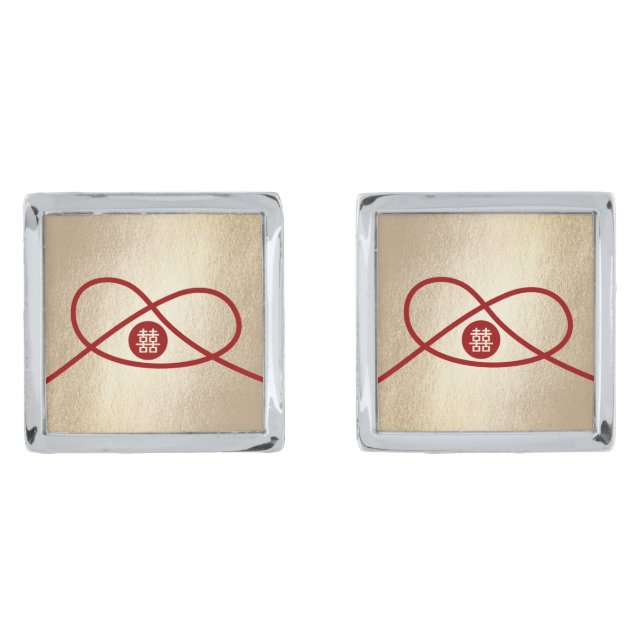 Red Knot Union Double Happiness Chinese Wedding Cufflinks (Front)