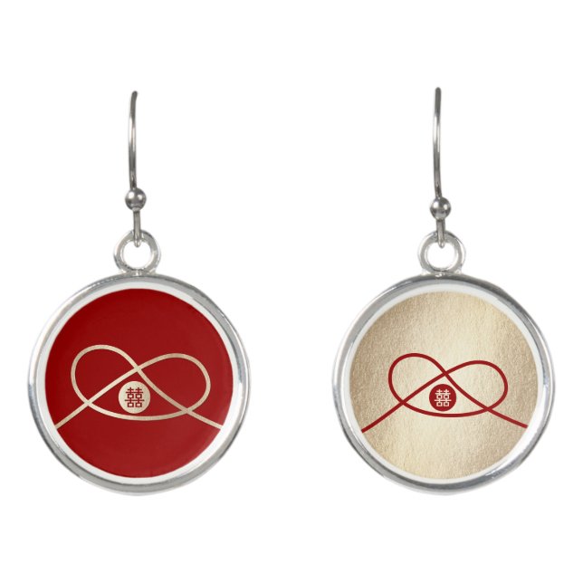 Red Knot Union Double Happiness Chinese Wedding Earrings (Front)