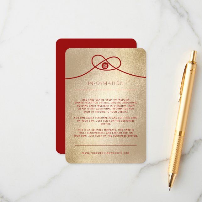 Red Knot Union Double Happiness Chinese Wedding Enclosure Card (Front/Back In Situ)