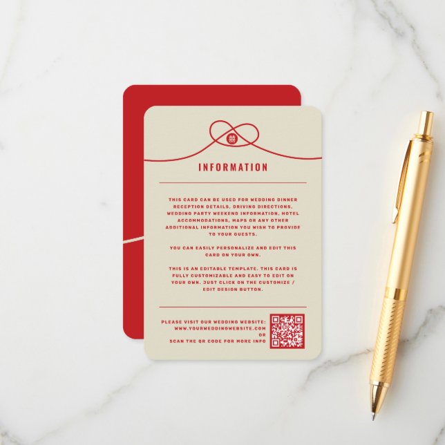 Red Knot Union Double Happiness Chinese Wedding Enclosure Card (Front/Back In Situ)