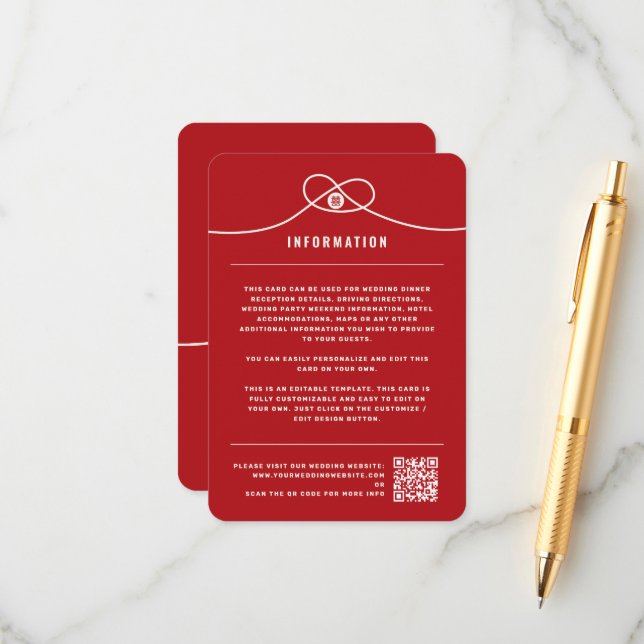 Red Knot Union Double Happiness Chinese Wedding Enclosure Card (Front/Back In Situ)