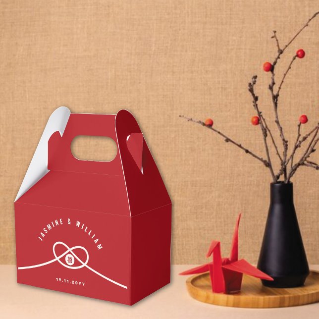 Red Knot Union Double Happiness Chinese Wedding Favor Boxes (Red/Ivory Knot Union Double Happiness Minimalist Chinese Wedding Party Favor Box @ fatfatin_red_knot)