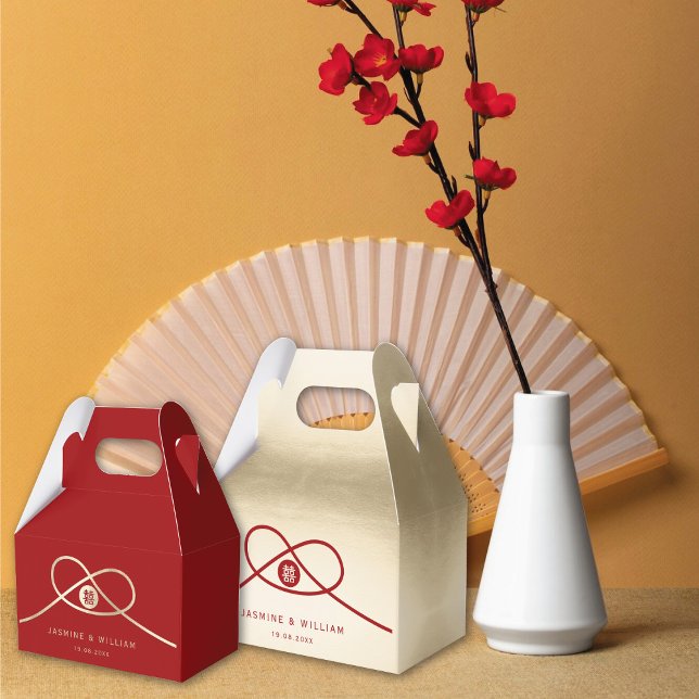 Red Knot Union Double Happiness Chinese Wedding Favor Boxes (Red/Gold Knot Union Double Happiness Minimalist Chinese Wedding Party Favor Boxes @ fatfatin_red_box)