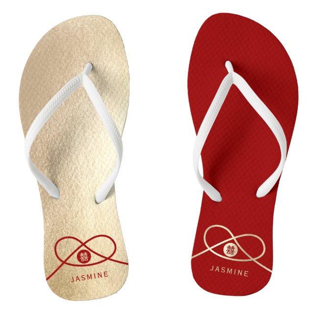Red Knot Union Double Happiness Chinese Wedding Flip Flops (Footbed)