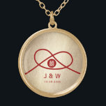 Red Knot Union Double Happiness Chinese Wedding Gold Plated Necklace<br><div class="desc">Modern minimalist double happiness knot of union, love and marriage in red and gold. The double happiness is a classic and auspicious symbol used in all chinese, oriental and asian weddings. Designed by fat*fa*tin. Easy to customize with your own text, photo or image. For custom requests, please contact fat*fa*tin directly....</div>