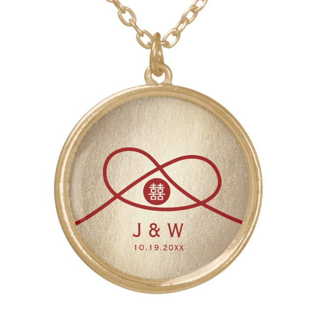 Red Knot Union Double Happiness Chinese Wedding Gold Plated Necklace (Front)