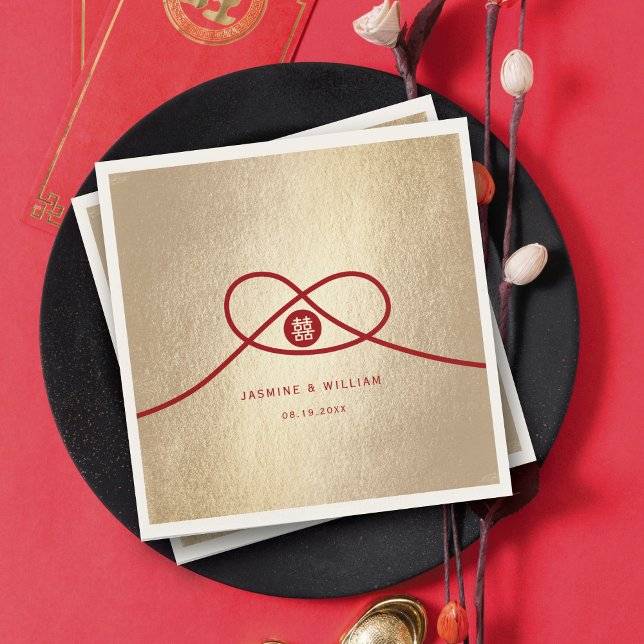 Red Knot Union Double Happiness Chinese Wedding Napkins (Red/Gold Knot Union Double Happiness Modern Chinese Wedding Paper Napkins @ fatfatin_red_knot)