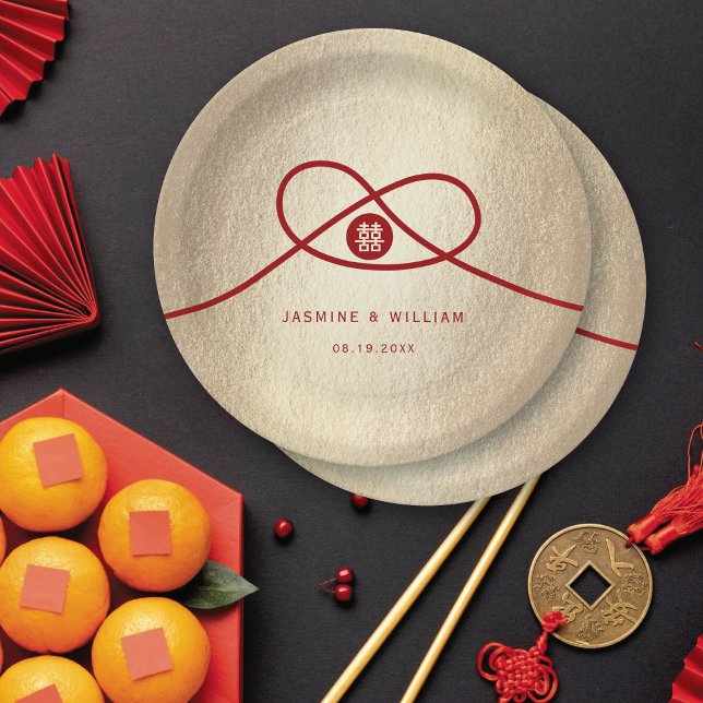 Red Knot Union Double Happiness Chinese Wedding Paper Plates (Gold/Red Knot Union Double Happiness Modern Chinese Wedding Party Paper Plates @ fatfatin_red_knot)