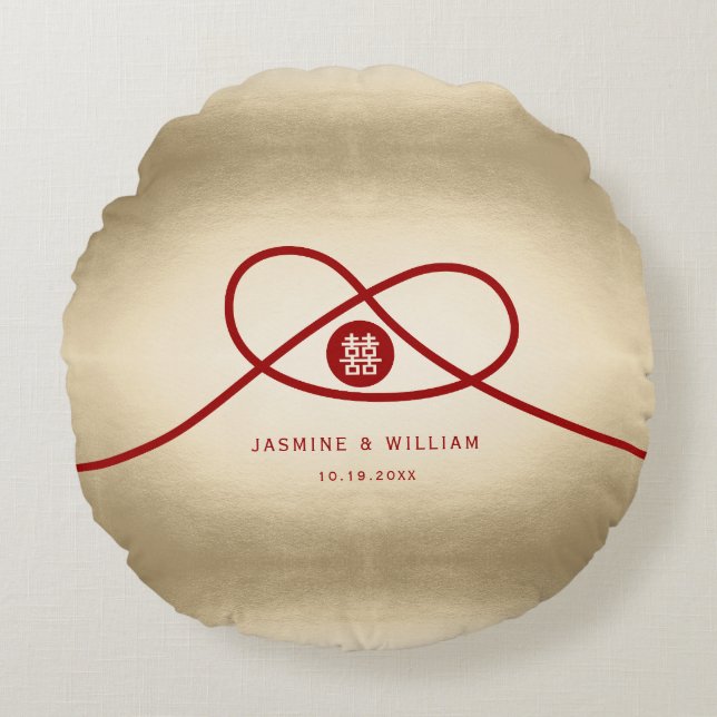 Red Knot Union Double Happiness Chinese Wedding Round Pillow (Front)