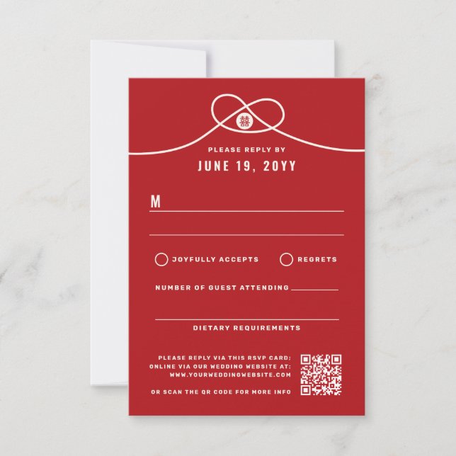 Red Knot Union Double Happiness Chinese Wedding RSVP Card (Front)