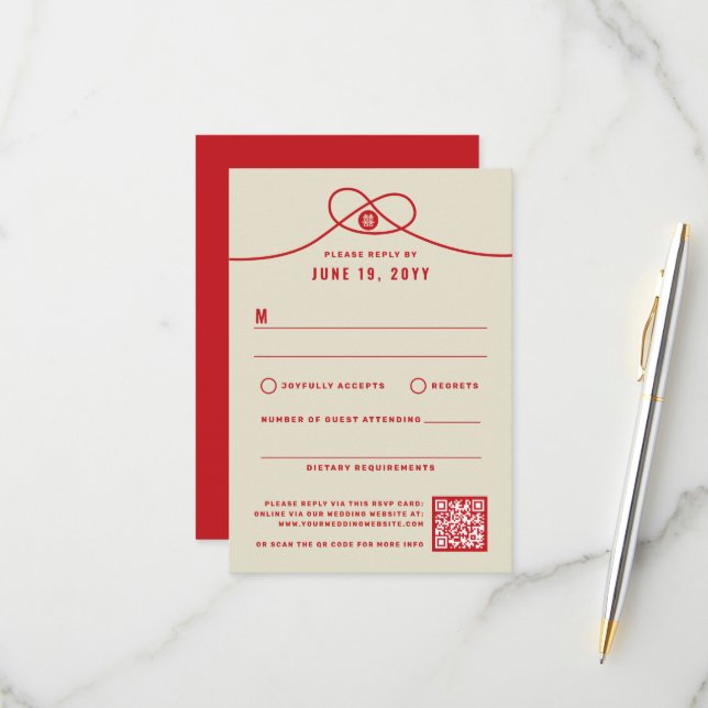 Red Knot Union Double Happiness Chinese Wedding RSVP Card (Front/Back In Situ)