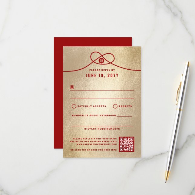 Red Knot Union Double Happiness Chinese Wedding RSVP Card (Front/Back In Situ)