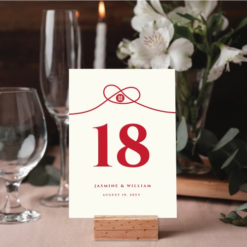 Red Knot Union Double Happiness Chinese Wedding Table Number