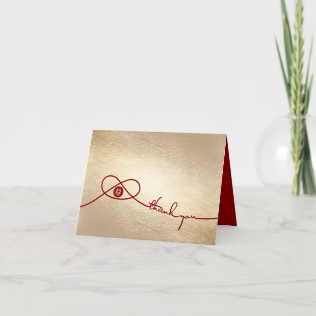Red Knot Union Double Happiness Chinese Wedding Thank You Card (Front)