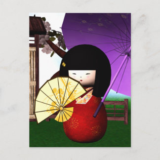Red Kokeshi Doll Art Postcard