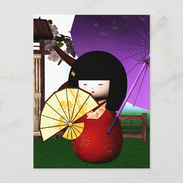Red Kokeshi Doll Art Postcard (Front)